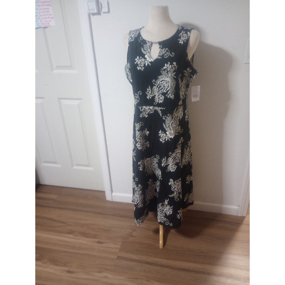 NWT Knit Split Neck Midi A-line Dress Floral Black Croft & Barrow L Sleeveless